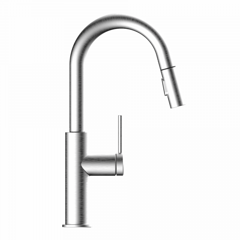 Rana Prep, Kitchen faucet with low curved spout and pull-down spray in brushed nickel