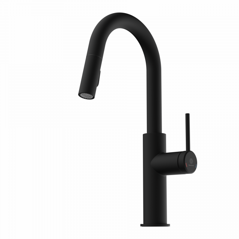 Rana Prep, Kitchen faucet with low curved spout and pull-down spray in matte black