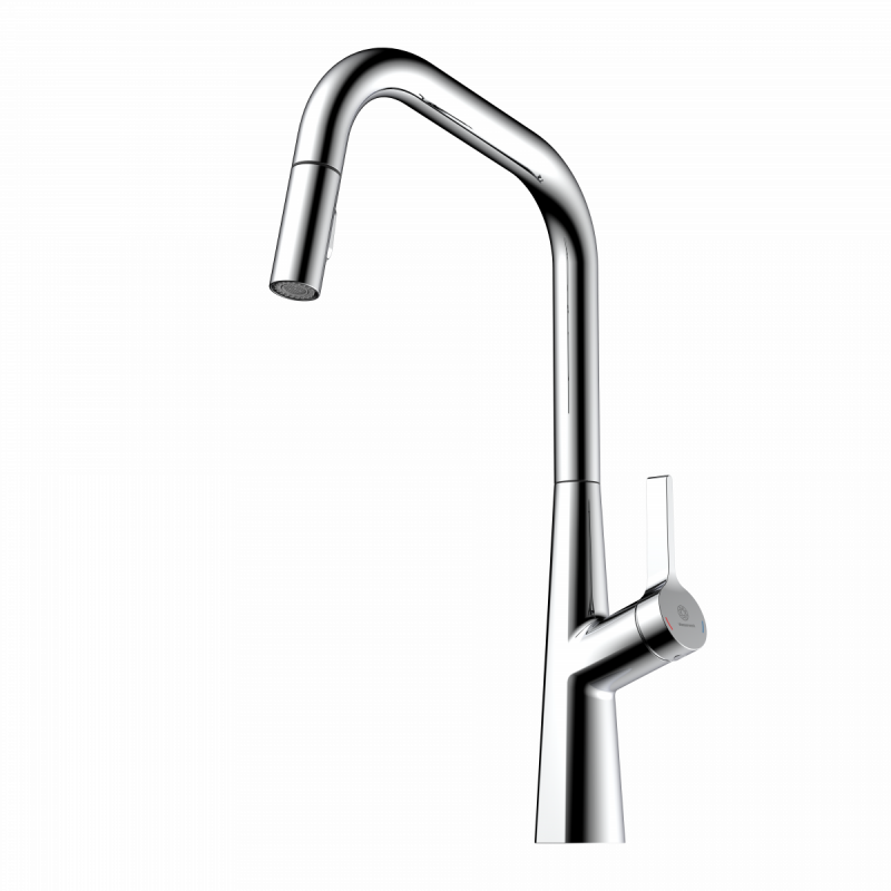 Keid Edge, Kitchen faucet with edged spout and pull-down spray in chrome